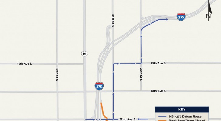 Northbound I-275 Entrance Ramps from Westbound and Eastbound 22nd Avenue South Closing Nightly
